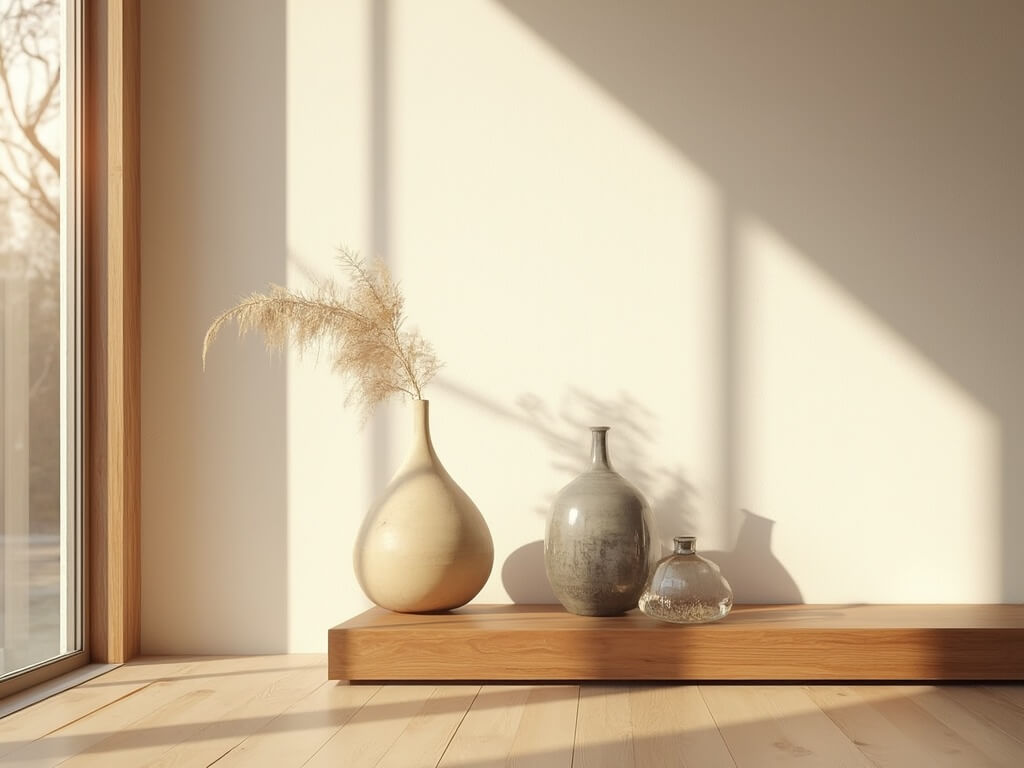 "Japandi vases on a walnut platform in a sunlit meditation corner with light oak flooring and minimalist white wall"