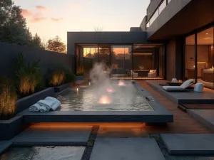 "Modern minimalist hot tub in a designer backyard with architectural plants, atmospheric lighting, and luxury furnishings at golden hour"