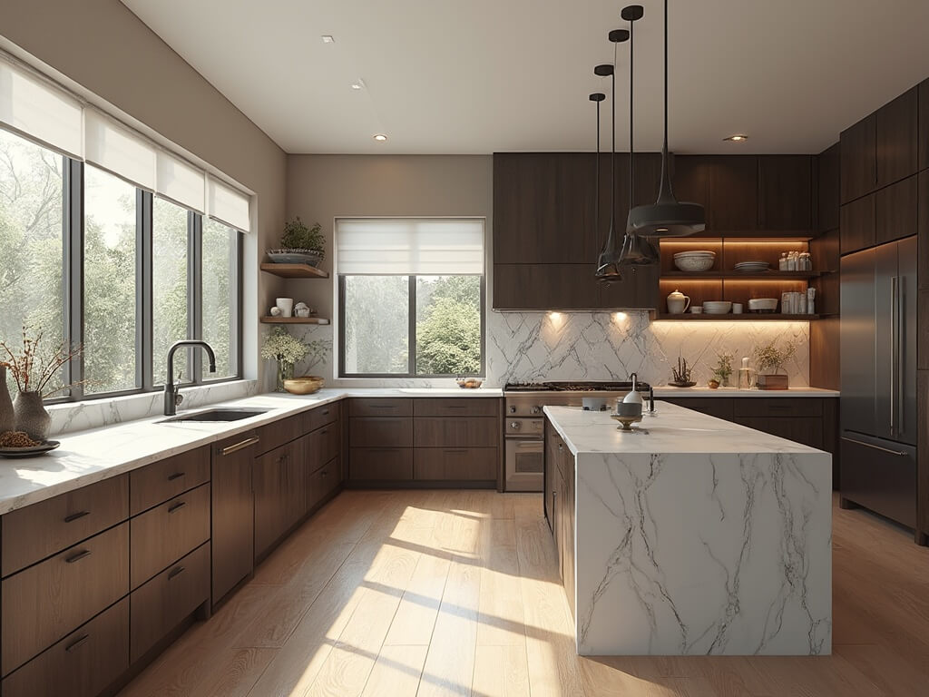 "Modern minimalist kitchen with luxury brown cabinets, white quartz waterfall countertops, marble-topped island, professional appliances and hygge atmosphere"