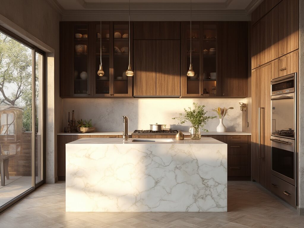 "Spacious modern kitchen with espresso wood cabinets, waterfall marble island, stainless steel appliances, and floor-to-ceiling windows during golden hour"