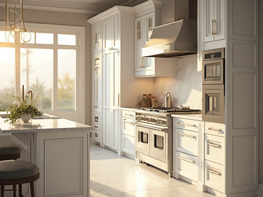 "Luxury kitchen with white inset cabinets and marble island during golden hour"
