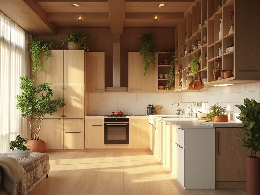 "Luxurious oak kitchen with sunlight streaming in at golden hour, featuring matte black hardware and copper cookware"