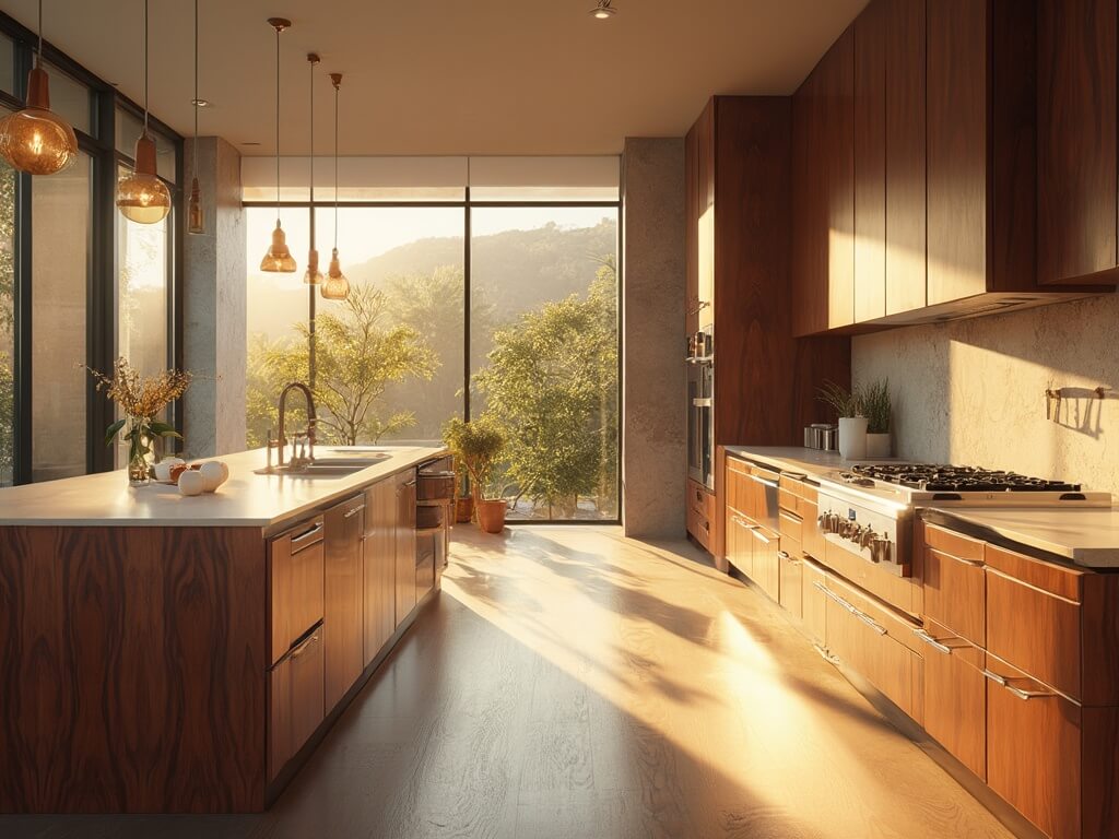 "Sunlit modern kitchen with cherry-stained cabinets, stainless steel appliances, quartz countertops, and a waterfall-edge island"