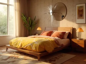 "Sunlit mid-century modern bedroom with walnut platform bed, geometric patterns bedding, brass table lamps, starburst mirror, and vintage accessories"