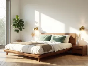 "Sunlit mid-century modern bedroom with walnut platform bed, white linen bedding, sage green velvet pillows, brass wall sconces, wooden nightstands with ceramic vase and dried pampas grass, white oak herringbone flooring, and fiddle leaf fig plant."