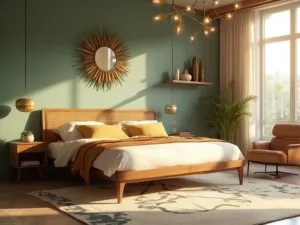 "Mid-century modern bedroom with platform bed, Eames lounge chair, and sputnik chandelier in golden hour lighting"
