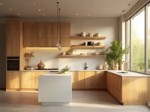 "Contemporary alder wood kitchen with white quartz island, brass pendant lights and professional stainless steel appliances in morning golden hour lighting"