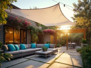 "Modern backyard patio with budget-friendly shade solutions including a sail shade, DIY pergola with string lights, and a converted carport, during golden hour"