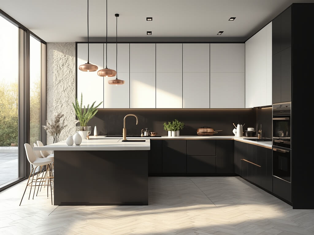 "Modern black and white luxury kitchen with gold accents and herringbone flooring"