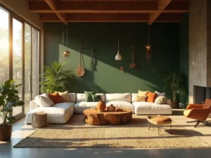 "Sunlit modern living room with earthy decor during golden hour"