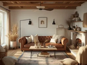 "Sunlit modern farmhouse living room with white walls, brown leather sofa, Persian rug, and rustic decor during golden hour"