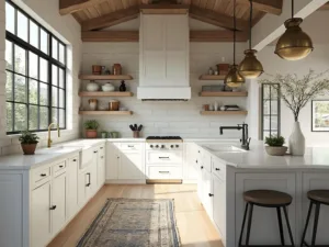 "Sunlit modern farmhouse kitchen with white shaker cabinets, quartz island, exposed oak beams and minimalist decor"