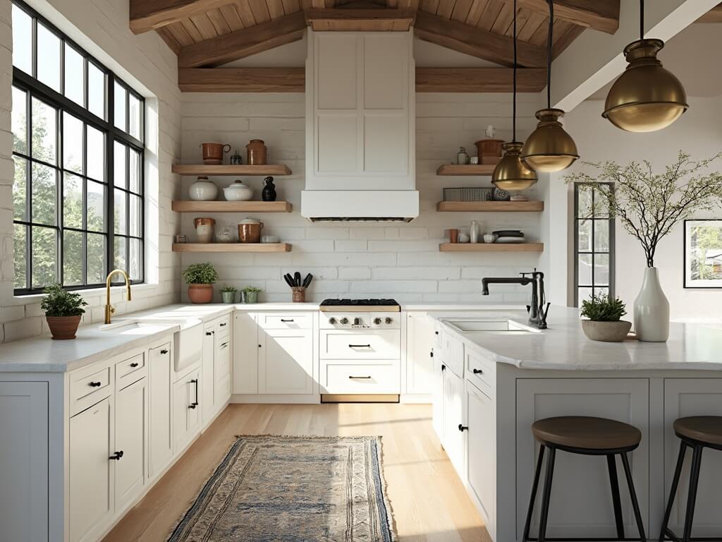 "Sunlit modern farmhouse kitchen with white shaker cabinets, quartz island, exposed oak beams and minimalist decor"