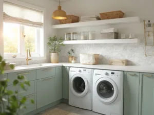 "Modern, bright and organized laundry room interior with sage green cabinets, white appliances and quartz countertop, floating shelves, and herringbone gray floor tiles"