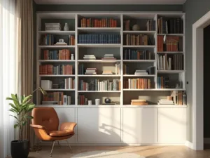"Modern home library with built-in white shelves displaying gradient color-coordinated books, cognac brown leather reading chair, brass floor lamp, and curated accessories under golden hour light"
