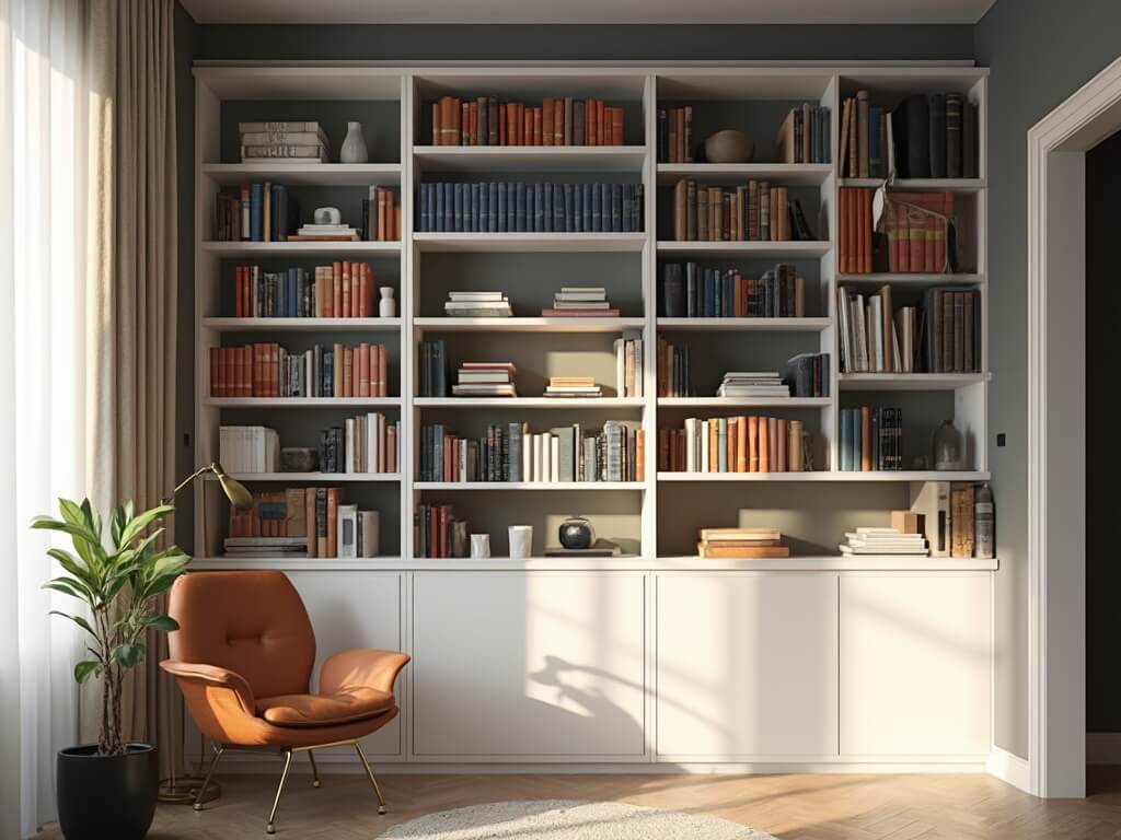 "Modern home library with built-in white shelves displaying gradient color-coordinated books, cognac brown leather reading chair, brass floor lamp, and curated accessories under golden hour light"