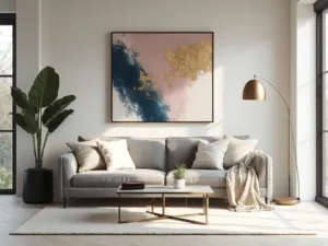 "Modern spacious living room with grey velvet sofa, large abstract artwork, brass accents, and floor-to-ceiling windows letting in natural morning light"