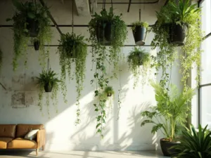 "Sunlit modern loft with hanging garden featuring mixed plants and Scandinavian furniture"
