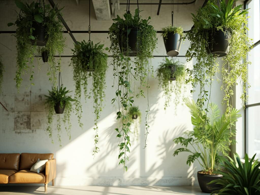 "Sunlit modern loft with hanging garden featuring mixed plants and Scandinavian furniture"