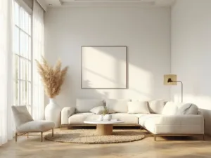 "Mid-century modern minimalist living room with soft morning sunlight, cream sectional sofa, white marble coffee table, and abstract art"