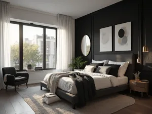 "Modern monochrome bedroom interior featuring black accent wall, white platform bed with contrasting bedding, brass pendant light, and organic elements through potted plants."