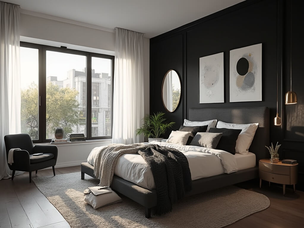 "Modern monochrome bedroom interior featuring black accent wall, white platform bed with contrasting bedding, brass pendant light, and organic elements through potted plants."