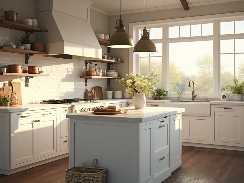 "Sunlit farmhouse kitchen with white Shaker-style cabinets, soapstone countertop island, vintage decor, and dark walnut floors"
