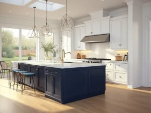 "Modern Shaker kitchen interior with white cabinets, navy blue island, stainless steel appliances, and natural lighting"