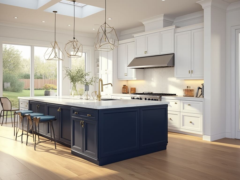 "Modern Shaker kitchen interior with white cabinets, navy blue island, stainless steel appliances, and natural lighting"