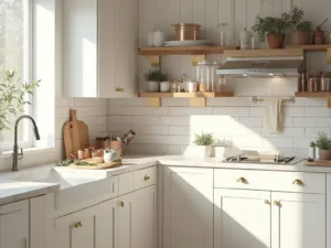 "Sunlit modern kitchen with white shaker cabinets, marble countertops, and vintage styled shelves"