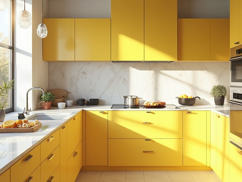"Modern yellow kitchen with natural sunlight highlighting sleek cabinets, white quartz countertops, and stainless steel appliances"