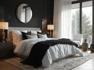 "Luxurious monochrome master bedroom with contrasting textures, floor-to-ceiling windows, and stylish decor details"
