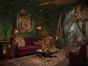 "Moody Victorian living room with forest green walls, gold-leafed molding, velvet sofa, antique furnishings, and floor-to-ceiling windows shot in golden hour."