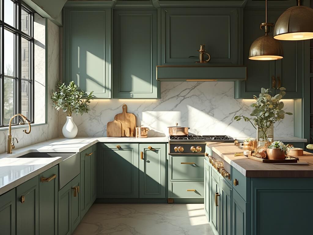 "Luxurious Pewter Green kitchen with Carrara marble countertops, brass hardware, and morning light streaming through windows"