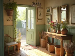 "Sun-drenched cottage entryway with vintage Persian runner, antique brass coat rack, handcrafted pine bench, and rustic console table accessorized with wildflowers in earthenware vases"