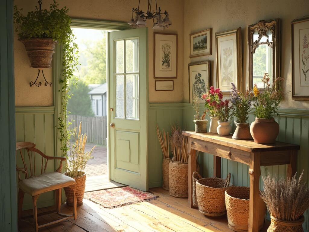 "Sun-drenched cottage entryway with vintage Persian runner, antique brass coat rack, handcrafted pine bench, and rustic console table accessorized with wildflowers in earthenware vases"