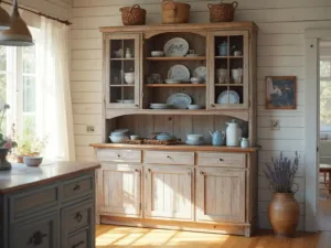 "Sunlit farmhouse kitchen with reclaimed barnwood hutch displaying vintage dishes and collectibles, with warm white shiplap walls and honey-toned hardwood floors"