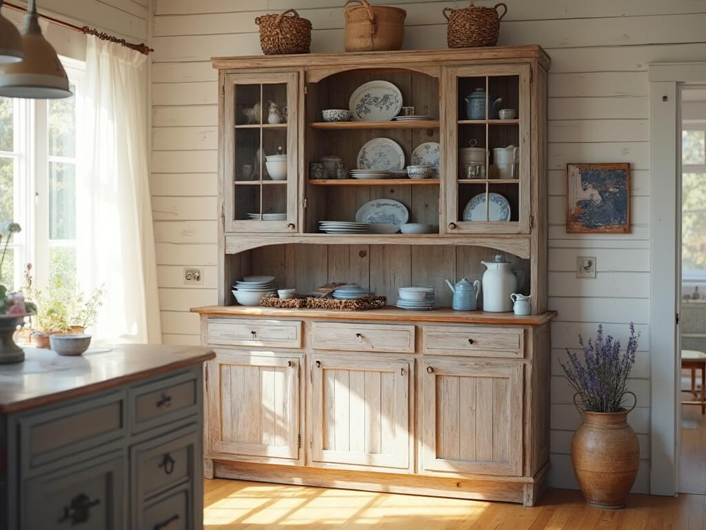"Sunlit farmhouse kitchen with reclaimed barnwood hutch displaying vintage dishes and collectibles, with warm white shiplap walls and honey-toned hardwood floors"