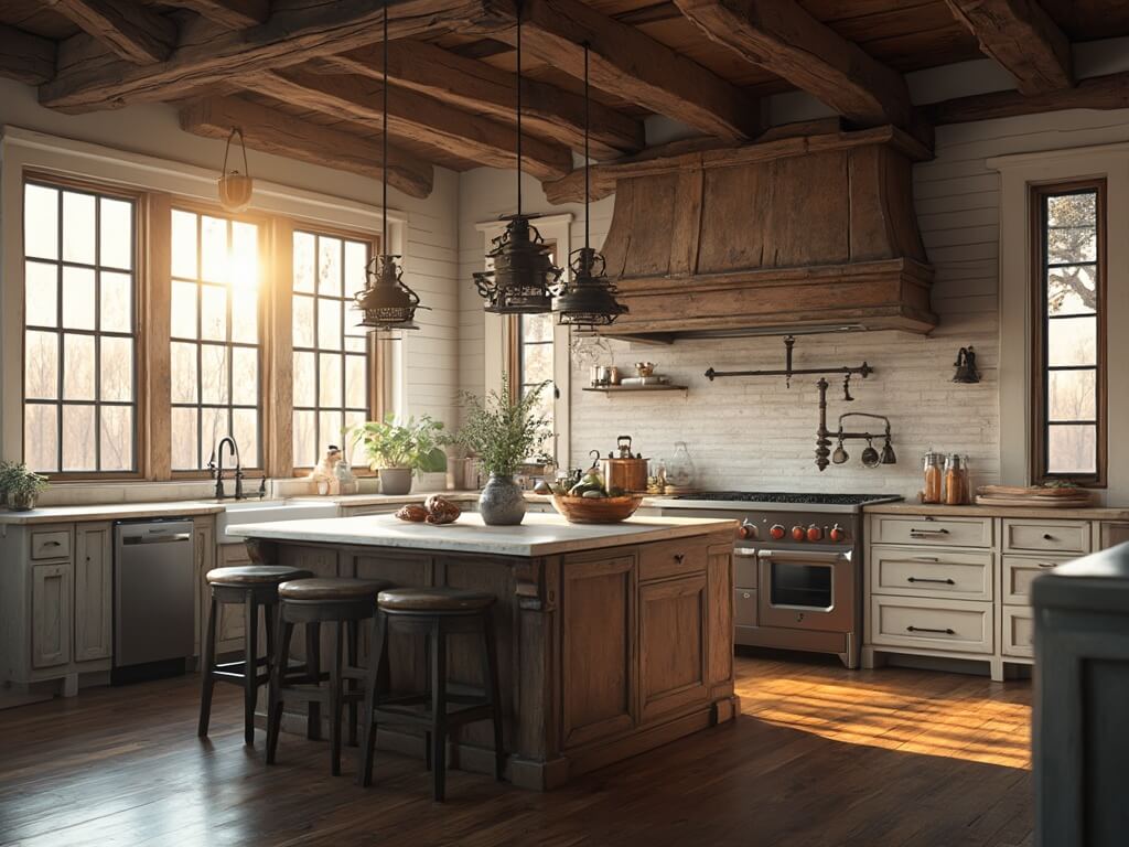 "Rustic elegant farmhouse kitchen illuminated by natural sunlight and ambient lighting, featuring black iron pendant lights, a white marble island, and vintage copper pots."