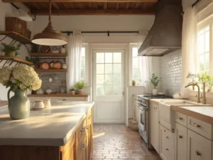 "Rustic farmhouse kitchen with white Shaker cabinets, reclaimed oak island and herringbone brick floor, lit by golden morning sun through cafe curtains"