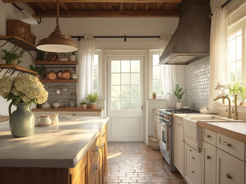 "Rustic farmhouse kitchen with white Shaker cabinets, reclaimed oak island and herringbone brick floor, lit by golden morning sun through cafe curtains"
