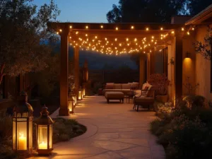 "Luxurious backyard at dusk with warm Edison string lights, modern copper pathway lights, brass lanterns with LED candles, and a lounge area with smart sconces set against a blue-hour sky"