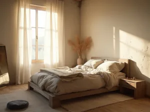 "Wabi-sabi style bedroom with natural light, wooden bed and floor, handcrafted vase and vintage mirror"