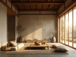 "Minimalist Japanese living room with aged cypress beams, bamboo furniture, stone feature wall, and ikebana arrangement in a peaceful zen aesthetic"