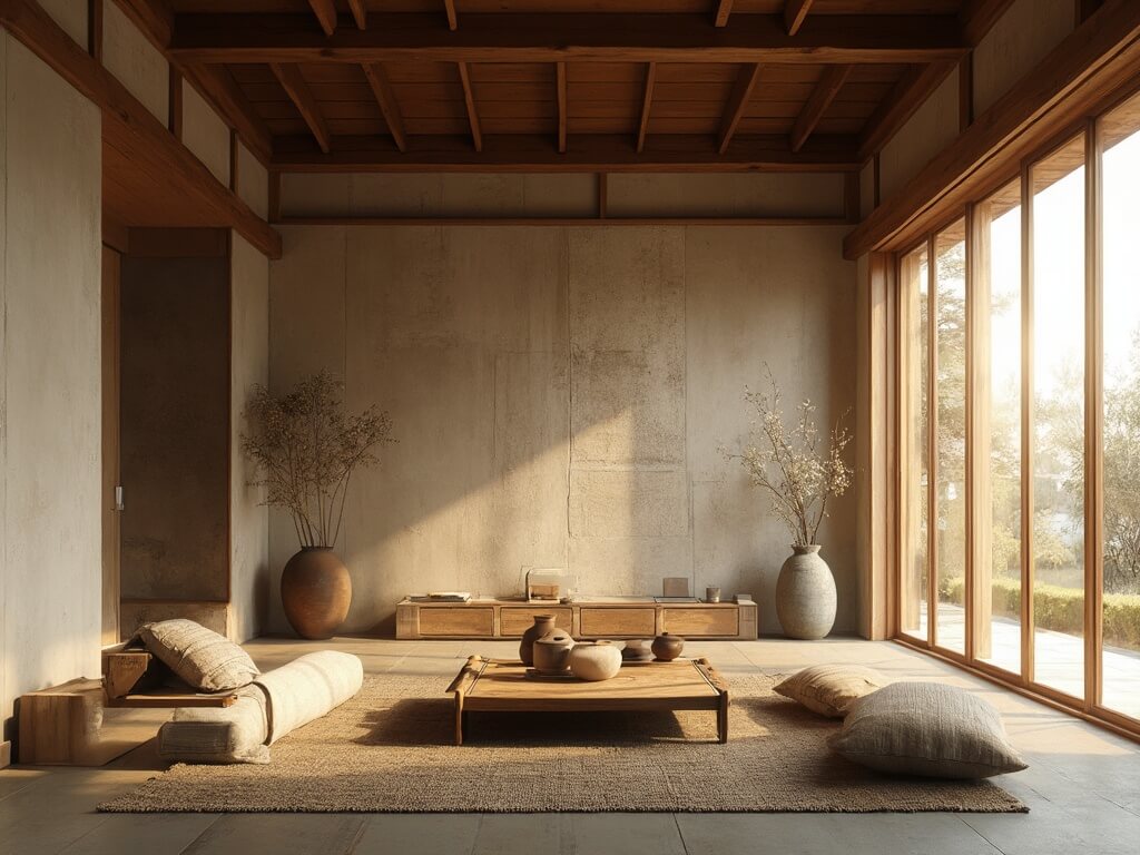 "Minimalist Japanese living room with aged cypress beams, bamboo furniture, stone feature wall, and ikebana arrangement in a peaceful zen aesthetic"