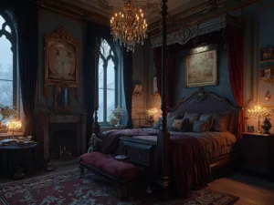 "Victorian gothic bedroom with a celestial theme, antique astronomy tools, and tarot cards, in dramatic moonlit setting."
