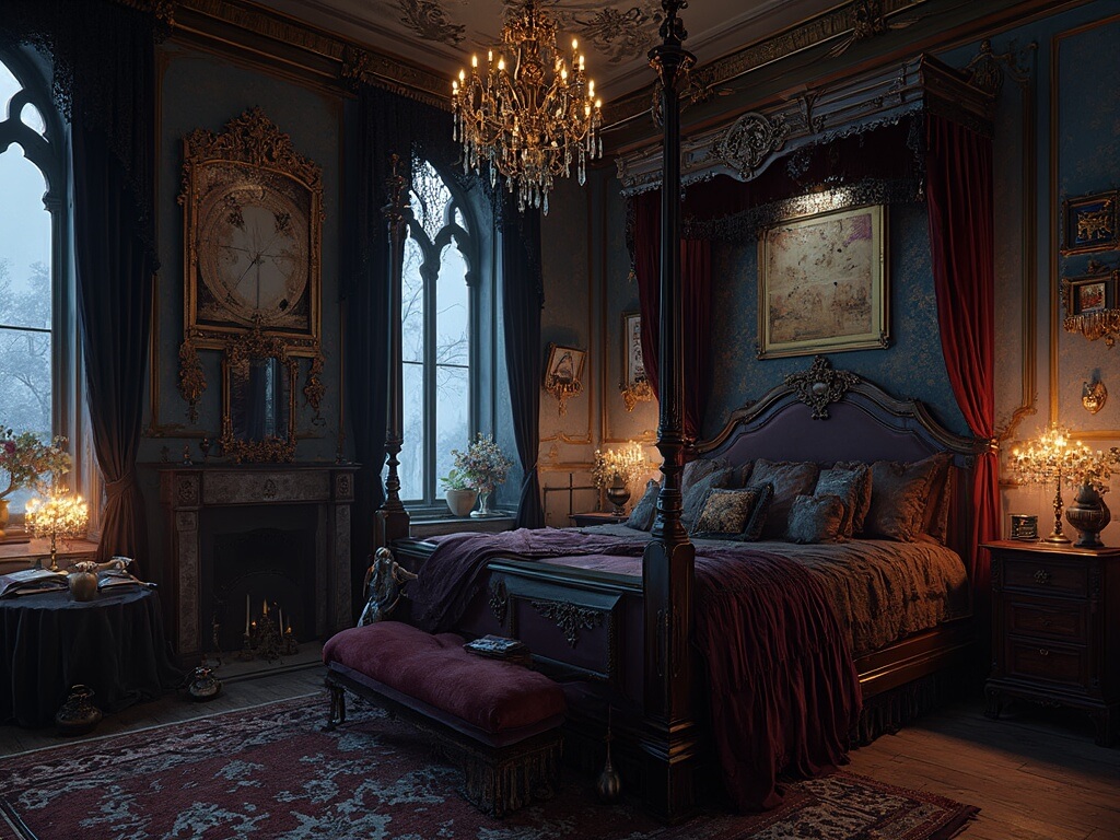 "Victorian gothic bedroom with a celestial theme, antique astronomy tools, and tarot cards, in dramatic moonlit setting."