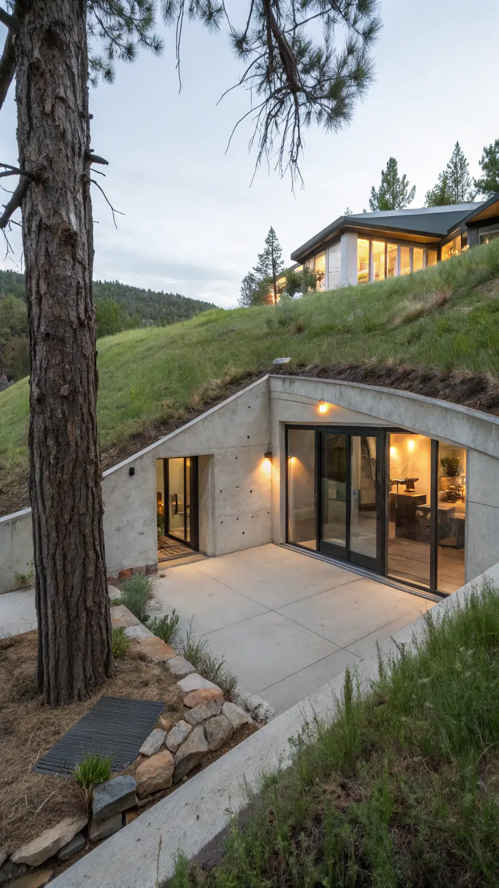 Modern underground earth shelter built into a hillside with radiant heated floors, polished concrete walls, and built-in furniture. The green roof merges with the surrounding landscape, and the interior is lit naturally through clerestory windows and a dramatic light well.