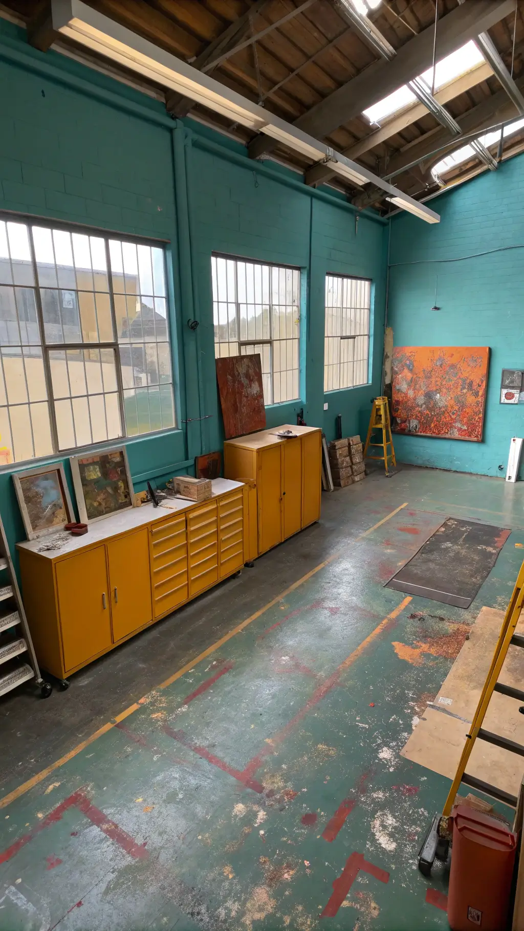 High angle view of an 18x22 artist's studio with teal walls, rust-orange easels, golden yellow storage units, paint-splattered concrete floors, and industrial windows providing diffused north light, captured with a 24mm wide angle lens.