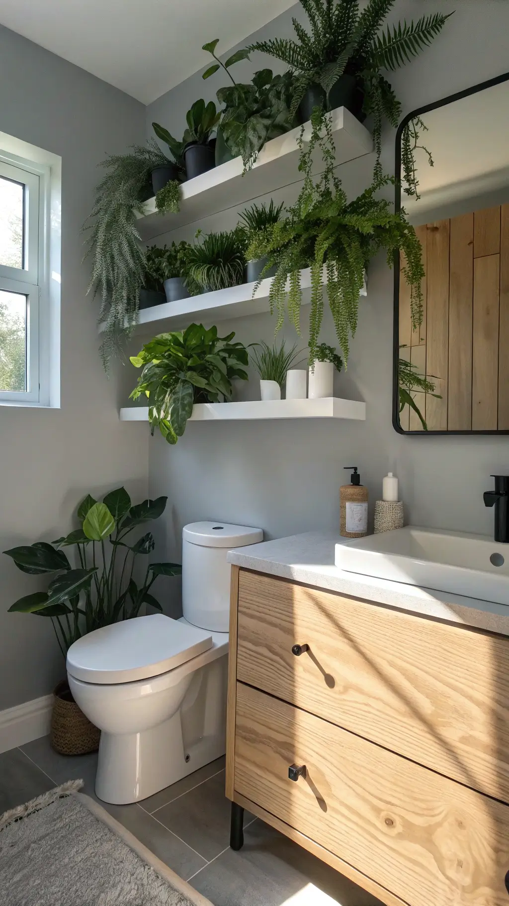 Scandinavian-inspired bathroom with ZZ and Spider Plants on white floating shelves above a modern toilet, under soft afternoon light from a skylight, alongside a pale oak vanity and matte black fixtures, all against cool grey walls.